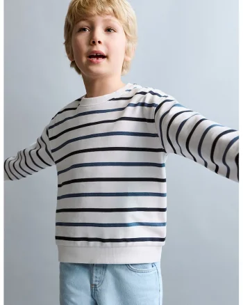 Bluza de trening in dungi cu decolteu rotund, Alb/Albastru