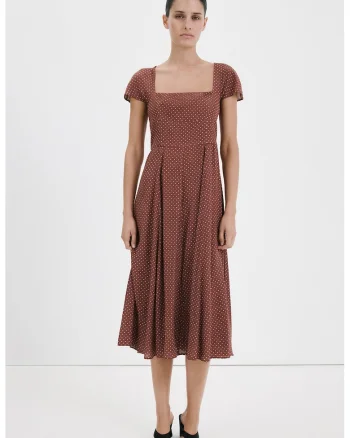 Rochie evazata cu model si decolteu patrat, Alb/Maro cognac