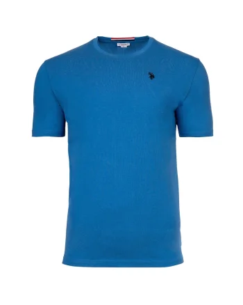 Tricou de bumbac cu decolteu la baza gatului si logo discret, Albastru
