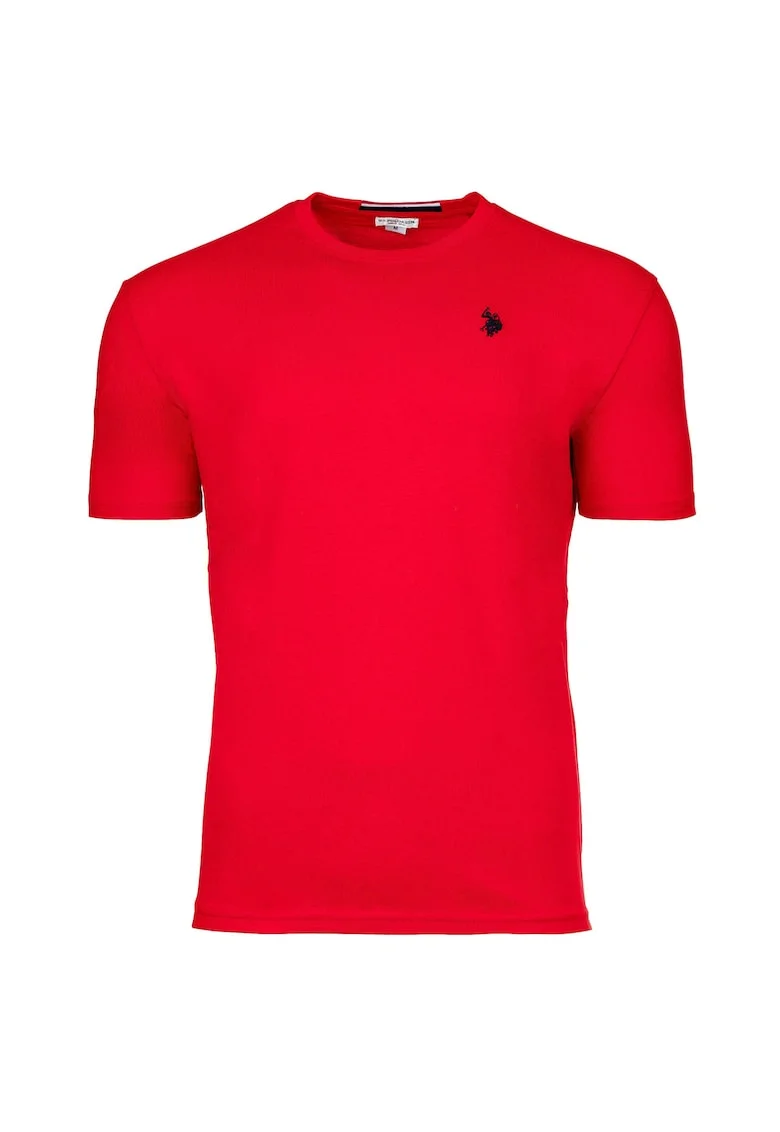 Tricou de bumbac cu decolteu la baza gatului si logo discret, Rosu