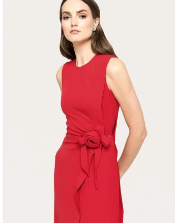 Rochie cu pliuri si floare in talie, Rosu