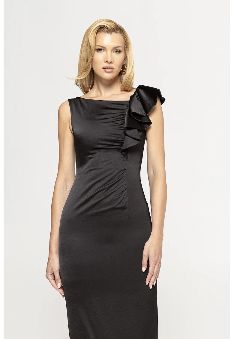 Rochie midi cambrata cu detaliu cu volan, Negru