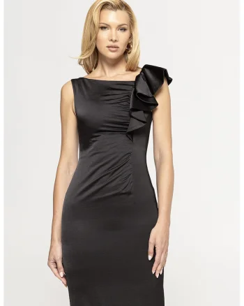 Rochie midi cambrata cu detaliu cu volan, Negru