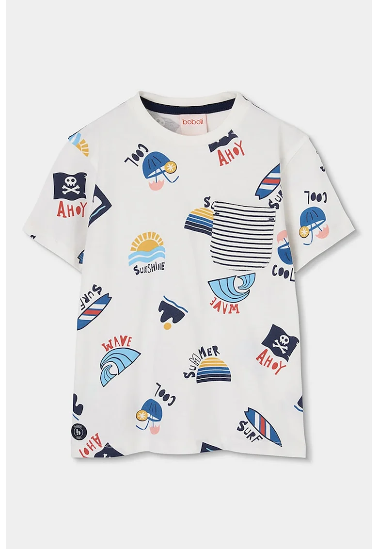 Tricou cu imprimeu si buzunar pe piept, Alb