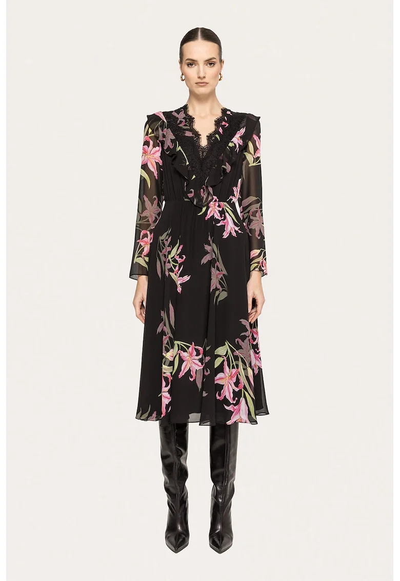 Rochie cu imprimeu floral si garnituri din dantela, Negru/Roz deschis