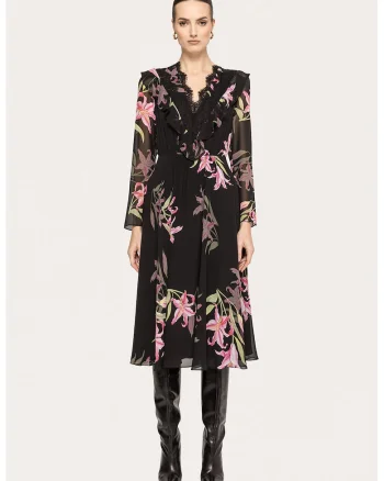 Rochie cu imprimeu floral si garnituri din dantela, Negru/Roz deschis