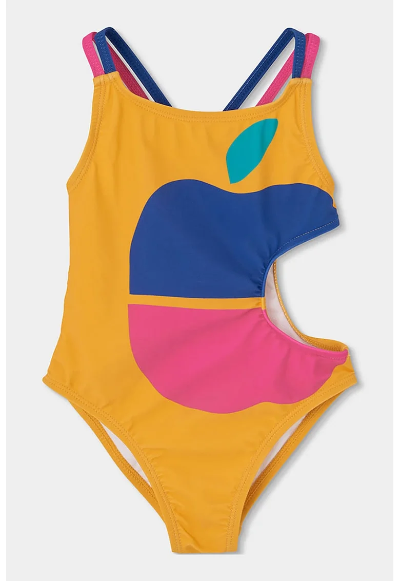 Costum de baie intreg cu imprimeu si decupaj lateral, Galben sofran/Roz