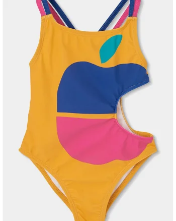 Costum de baie intreg cu imprimeu si decupaj lateral, Galben sofran/Roz