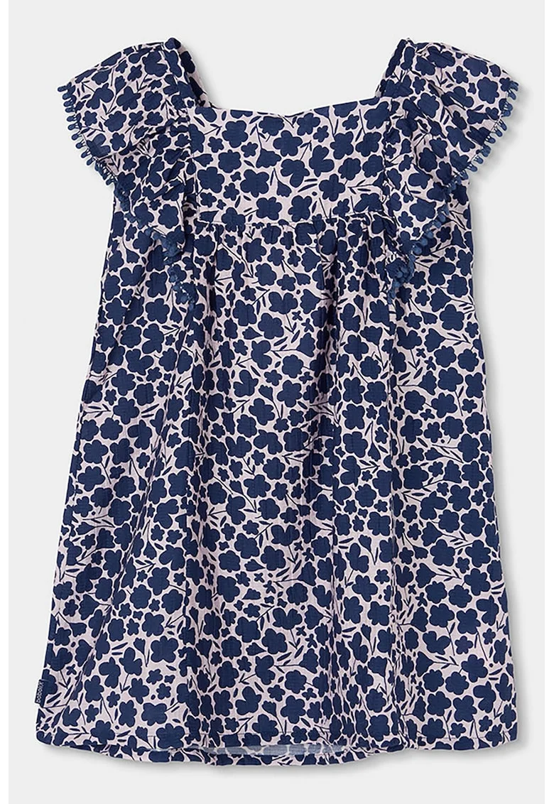 Rochie cu imprimeu floral si volane, Crem/Bleumarin