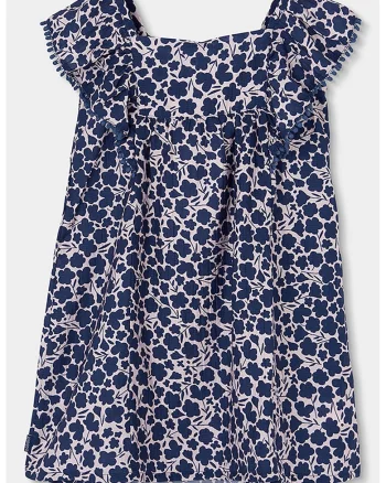 Rochie cu imprimeu floral si volane, Crem/Bleumarin