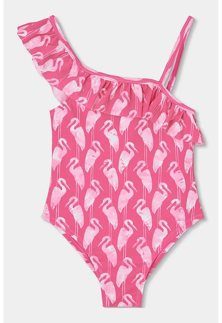 Costum de baie intreg cu imprimeu si decupaj pe partea din spate, Alb/Roz
