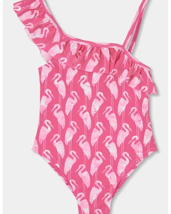Costum de baie intreg cu imprimeu si decupaj pe partea din spate, Alb/Roz