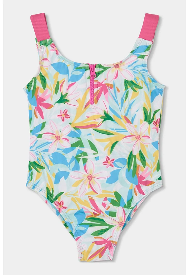 Costum de baie intreg cu imprimeu si fenta cu fermoar, Multicolor