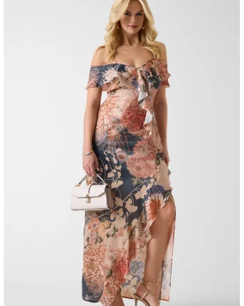 Rochie lunga cu croiala pe bie, model florla si slit adanc, Multicolor