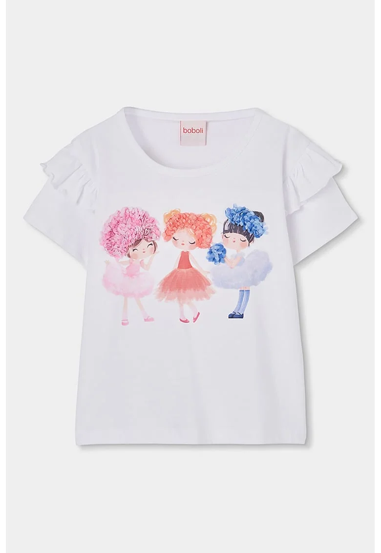 Tricou cu imprimeu si maneci cu volane, Lila/Roz