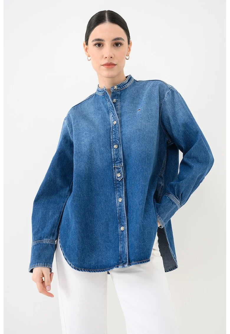 Camasa de denim cu guler tunica Glow, Albastru melange