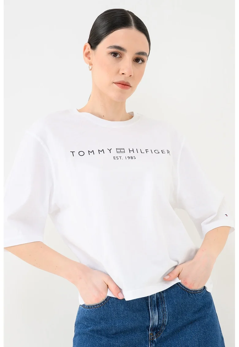 Tricou lejer cu imprimeu logo si maneci medii, Negru/Alb optic