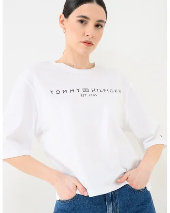 Tricou lejer cu imprimeu logo si maneci medii, Negru/Alb optic