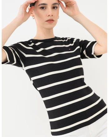 Tricou slim fit cu aspect striat, Alb/Negru