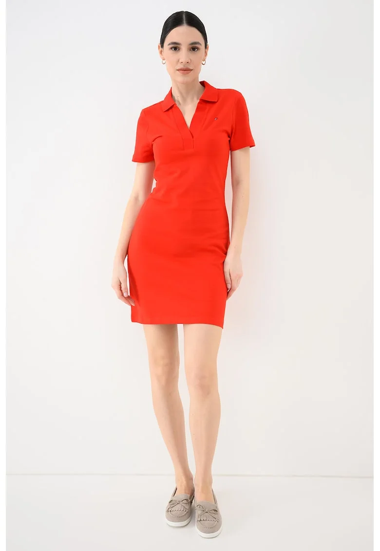 Rochie mini cambrata cu guler polo, Rosu vermillion