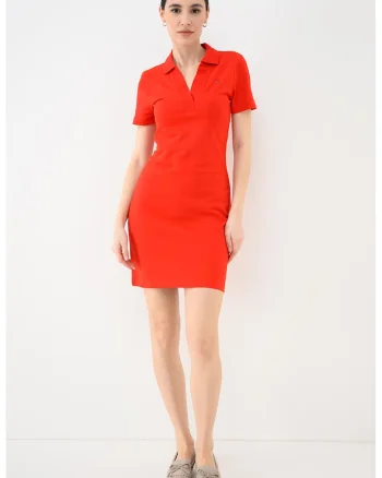Rochie mini cambrata cu guler polo, Rosu vermillion