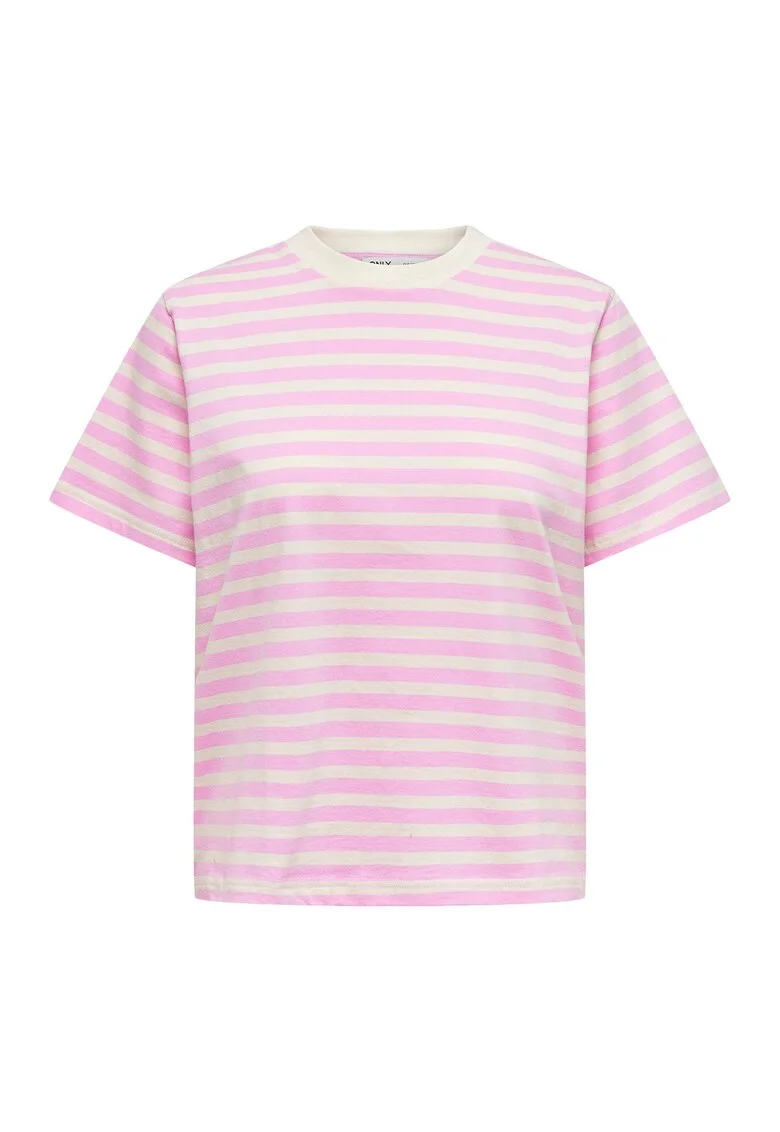 Tricou din bumbac cu decolteu la baza gatului si dungi, Alb/Roz