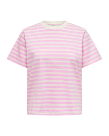 Tricou din bumbac cu decolteu la baza gatului si dungi, Alb/Roz