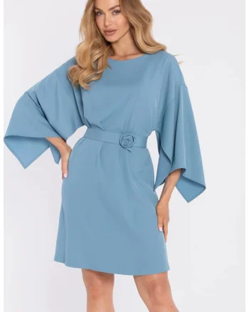 Rochie cu maneci largi si curea decorativa - albastru pudra, Albastru deschis