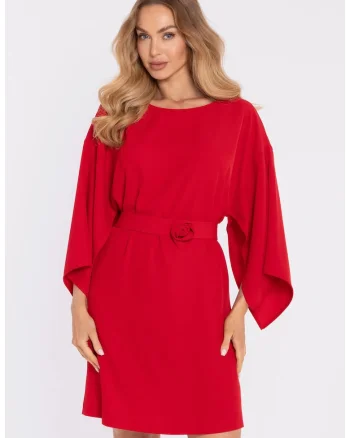 Rochie cu maneci largi si curea decorativa - albastru pudra, Rosu