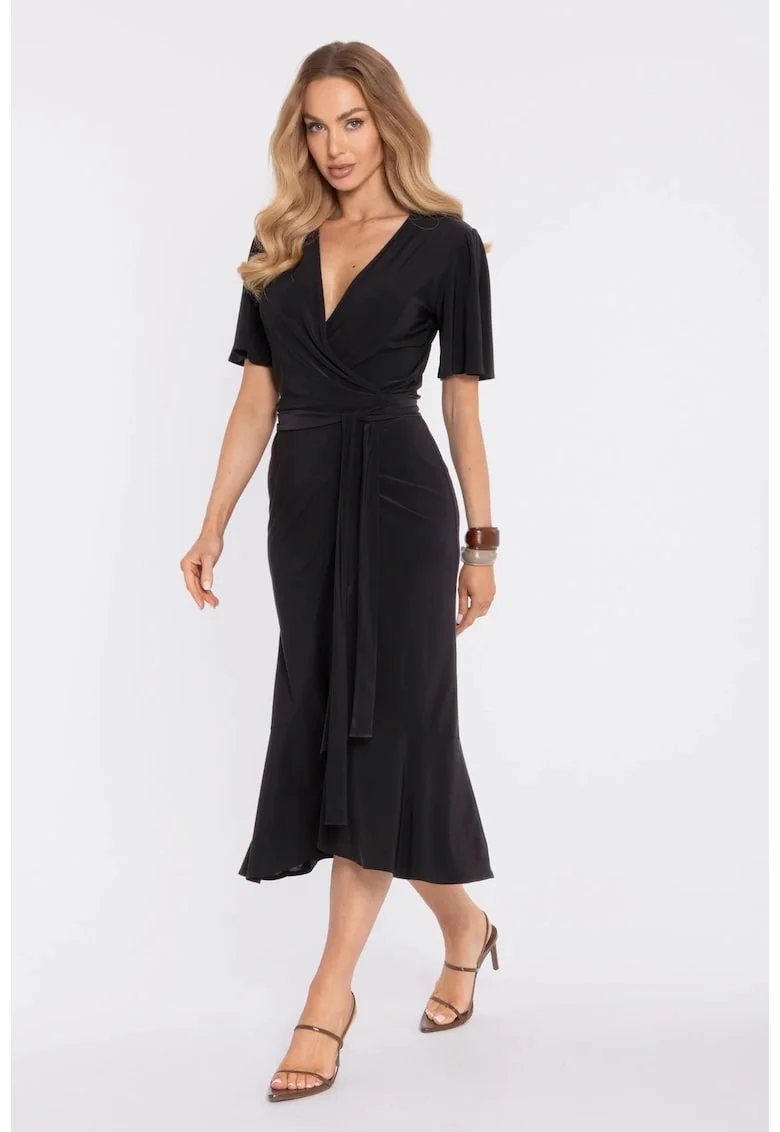Rochie midi plic cu volan si incretit - negru