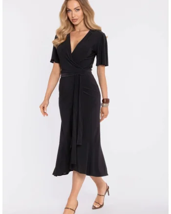 Rochie midi plic cu volan si incretit - negru