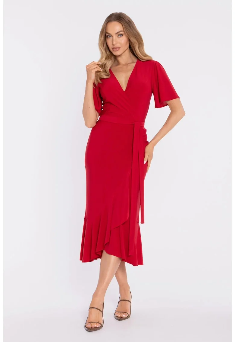 Rochie midi plic cu volan si incretit - negru