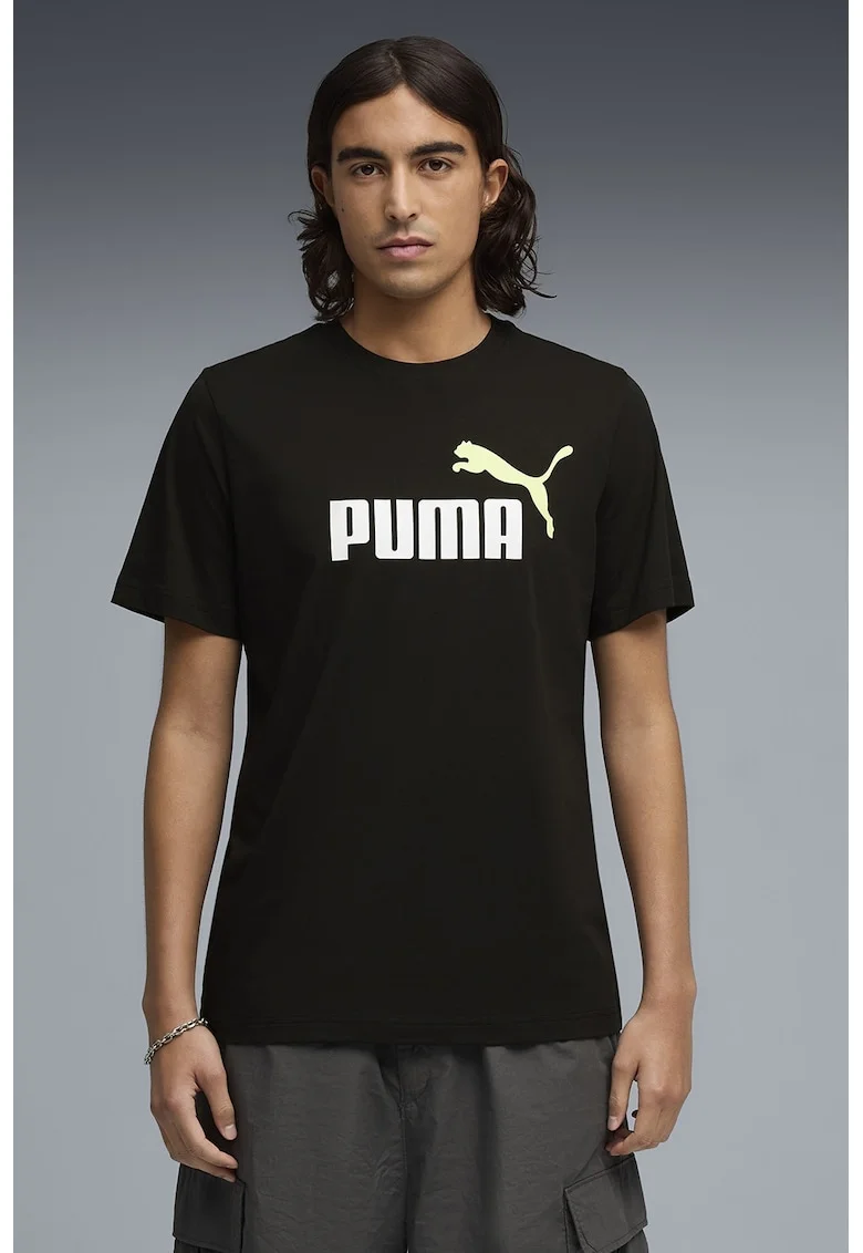 Tricou cu decolteu la baza gatului si imprimeu logo Essentials 2, Alb/Negru/Galben pal