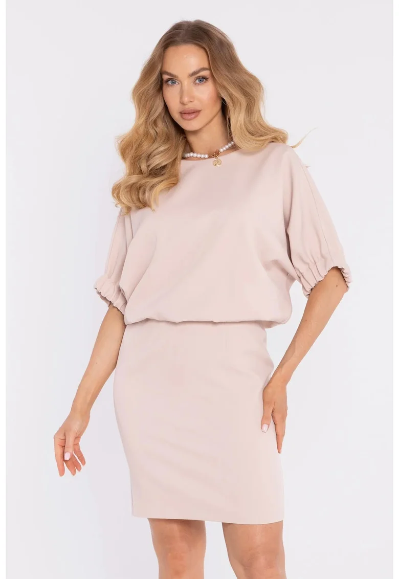 Rochie midi dreapta cu decolteu rotund, Bej