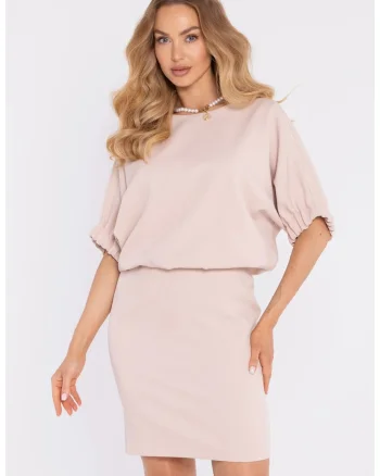 Rochie midi dreapta cu decolteu rotund, Bej