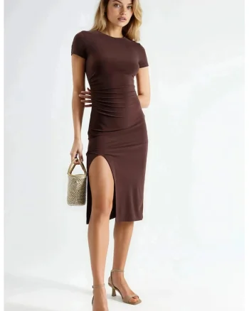 Rochie midi,  maneca scurta, detaliata, jerseu, Maro