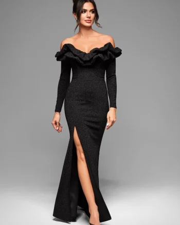 Rochie de seara Midi LACRICA LA-OM-DLR002, Cu crapatura laterala, Negru