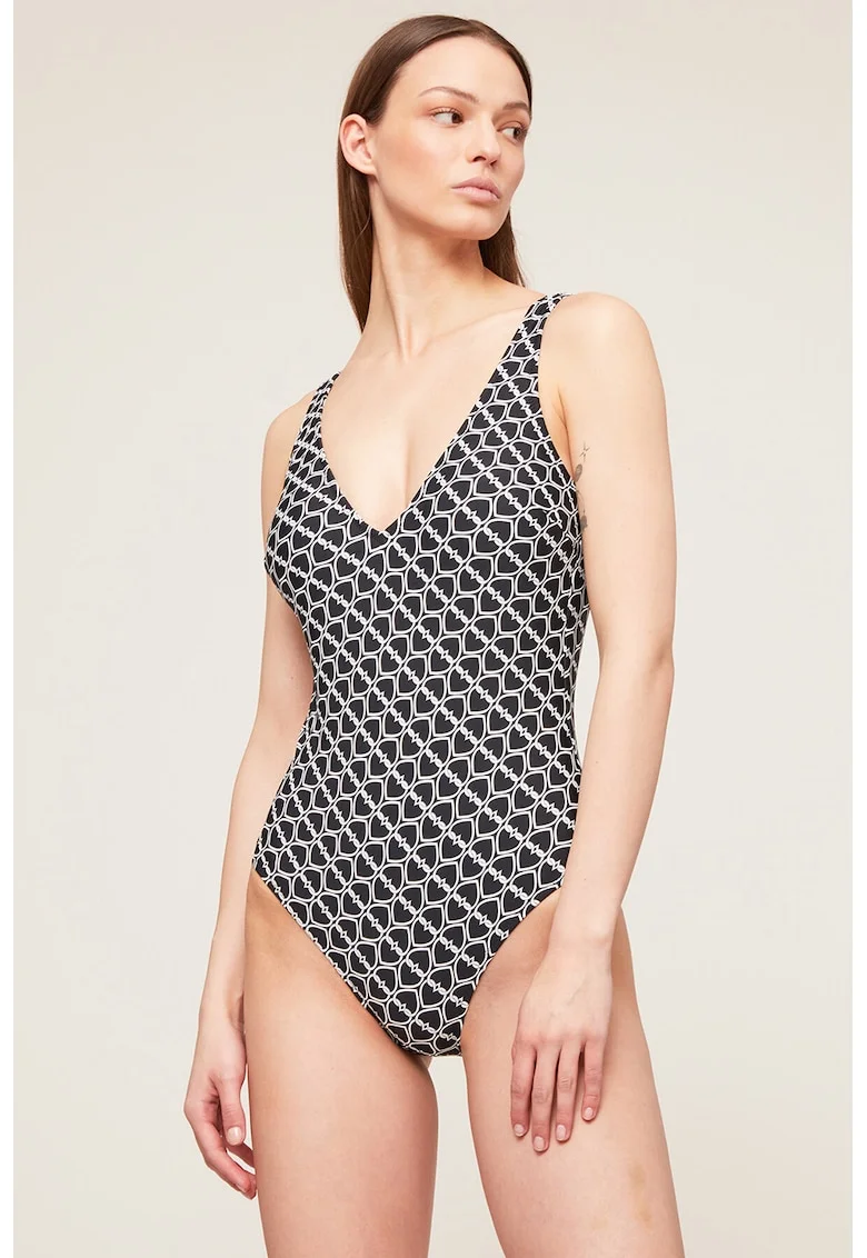 Costum de baie intreg cu decolteu adanc pe spate, Alb/Negru