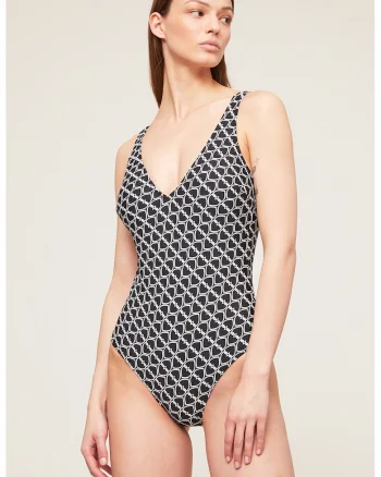 Costum de baie intreg cu decolteu adanc pe spate, Alb/Negru