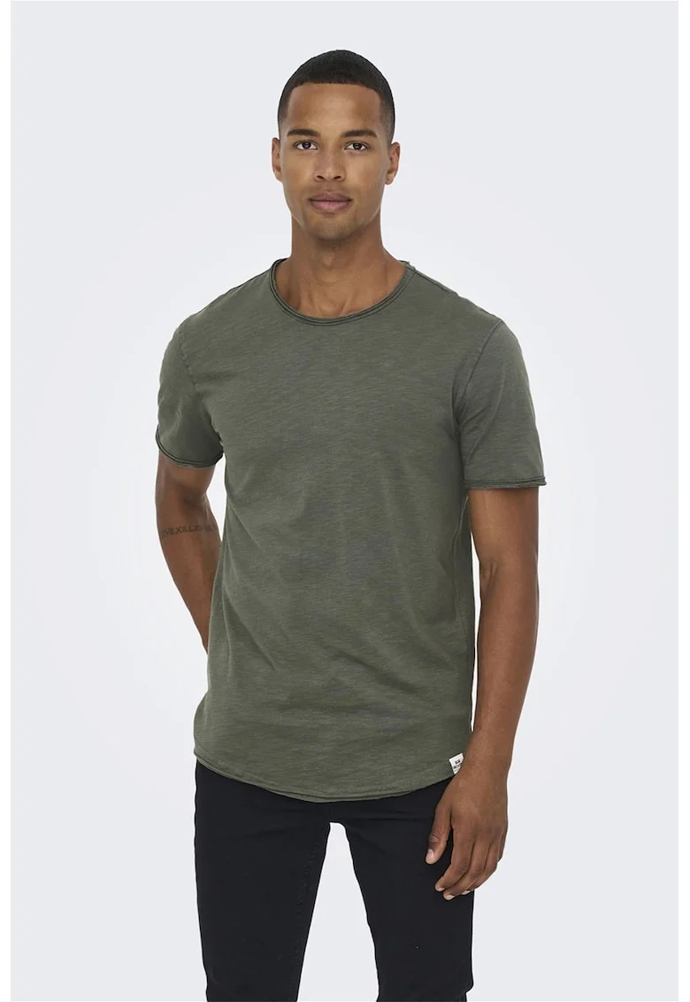 Tricou de bumbac cu garnituri nefinisate Benne, Kaki inchis