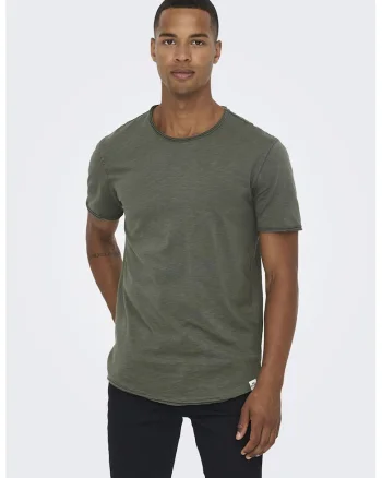 Tricou de bumbac cu garnituri nefinisate Benne, Kaki inchis