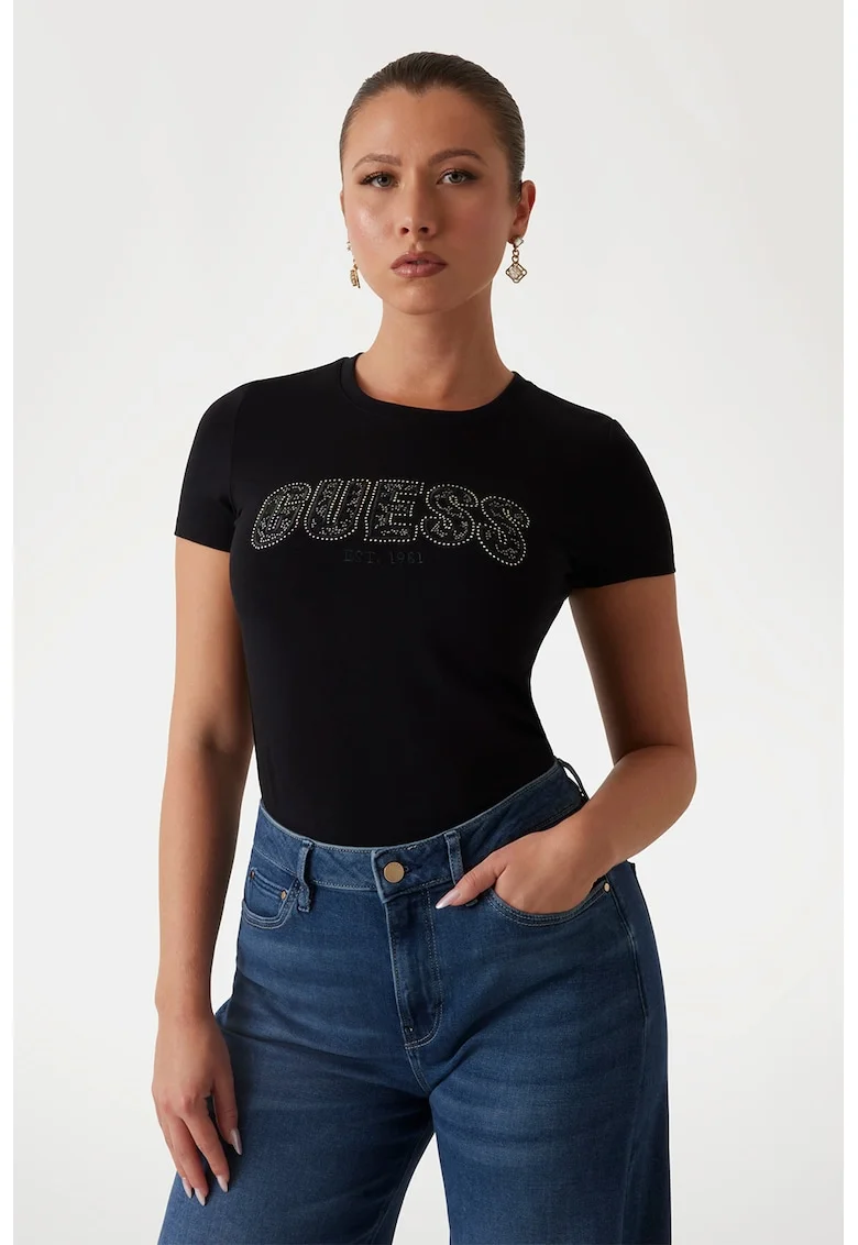 Tricou slim fit cu logo cu strasuri, Negru