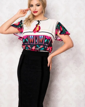 Bluza alba cu imprimeu traditionalciucuri si maneca tip volan