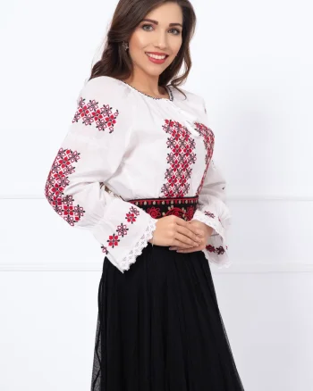 Ie traditionala alba din bumbac cu broderie rosu-negru