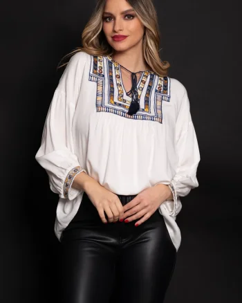Bluza tip ie din bumbac cu broderie multicolora