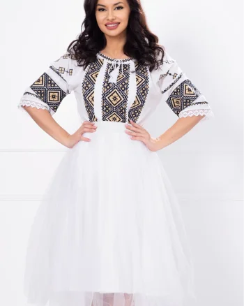 Fusta midi din tulle alb
