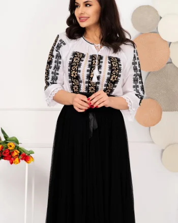 Ie alba traditionala din bumbac Veronica cu broderie neagra