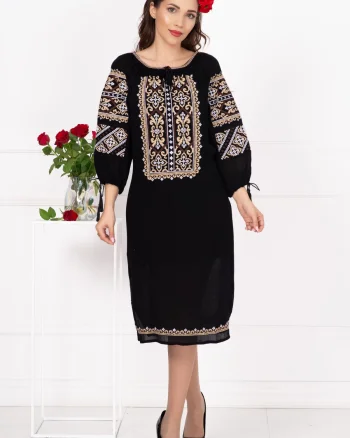 Rochie neagra traditionala Iarina cu broderie cu simbolul crucii