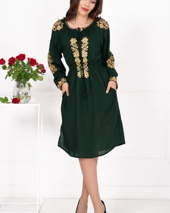Rochie traditionala verde Fenicia cu broderie florala aurie