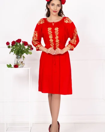 Rochie traditionala rosie Fenicia cu broderie florala aurie